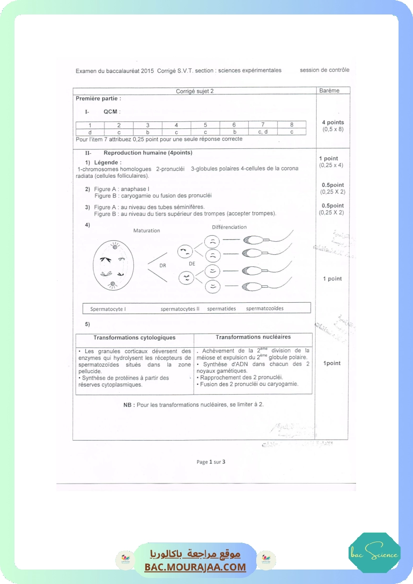 Corrigé controle svt Bac 2015 – Section science